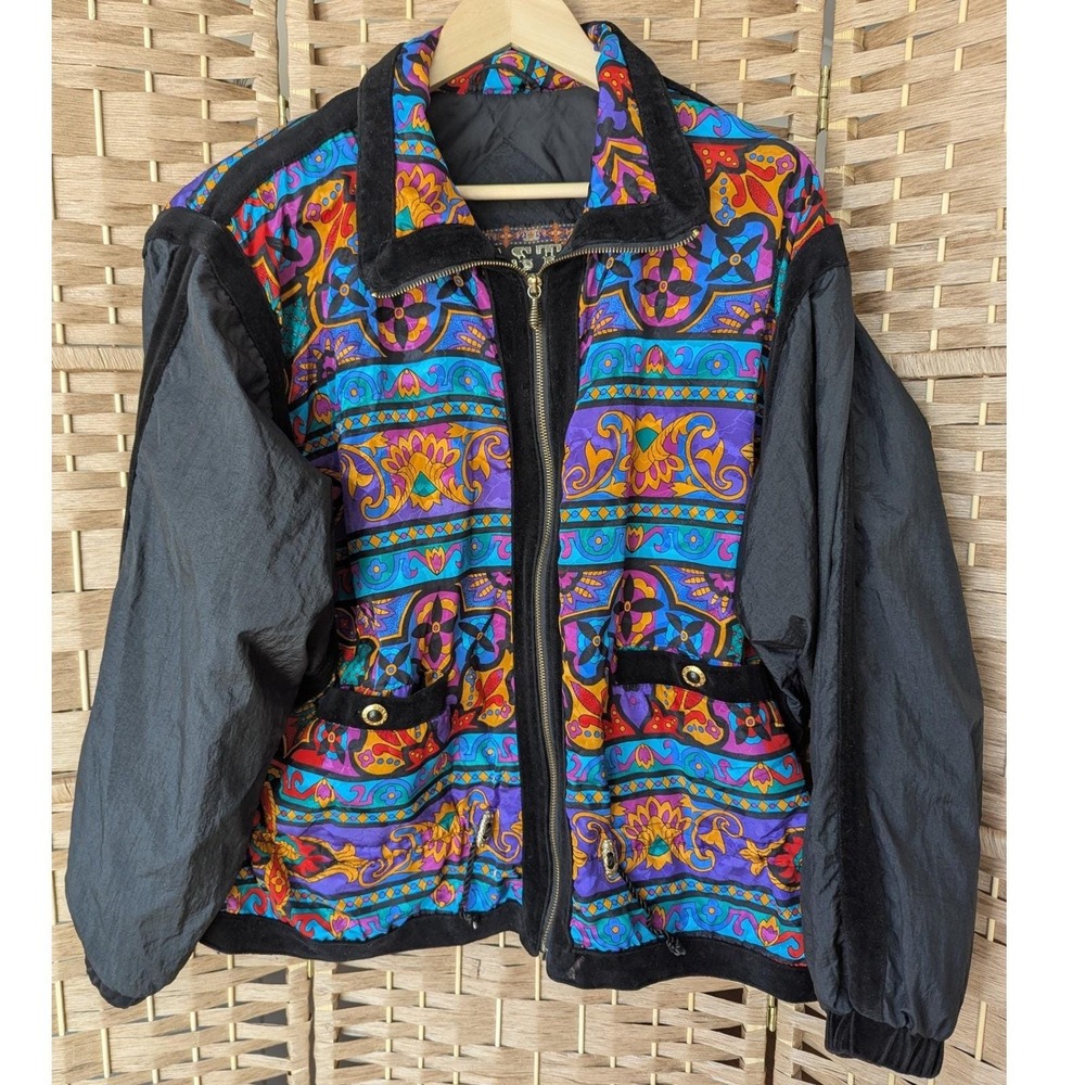 Vtg 90s Bomber Windbreaker Jacket Multi-Color Paisley Velour Trim Sz M Colorful